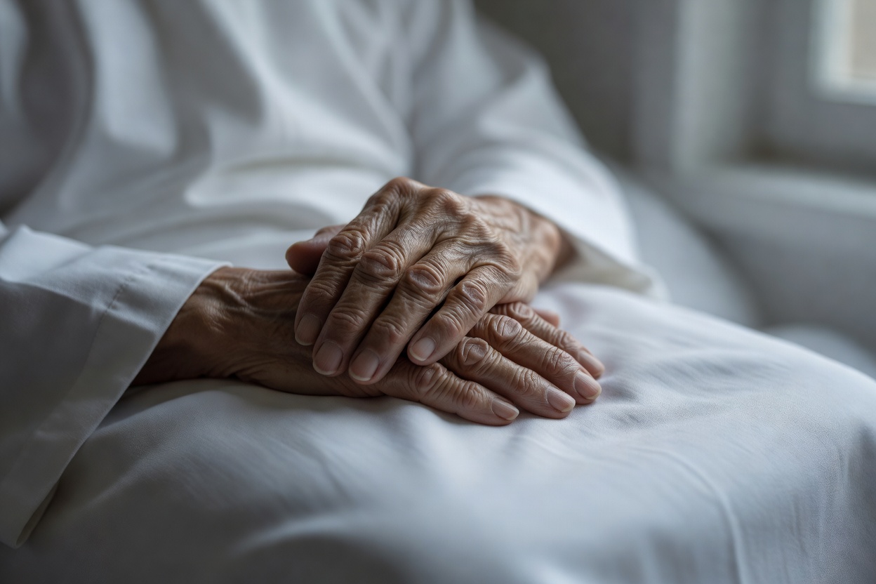 Folded weathered hands resting on white linen in soft window light.