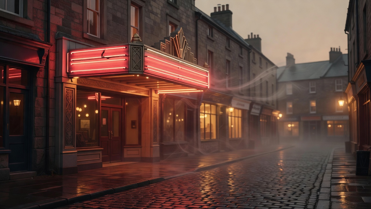A village Art Deco cinema marquee glowing warm red at dusk, one tube dark.