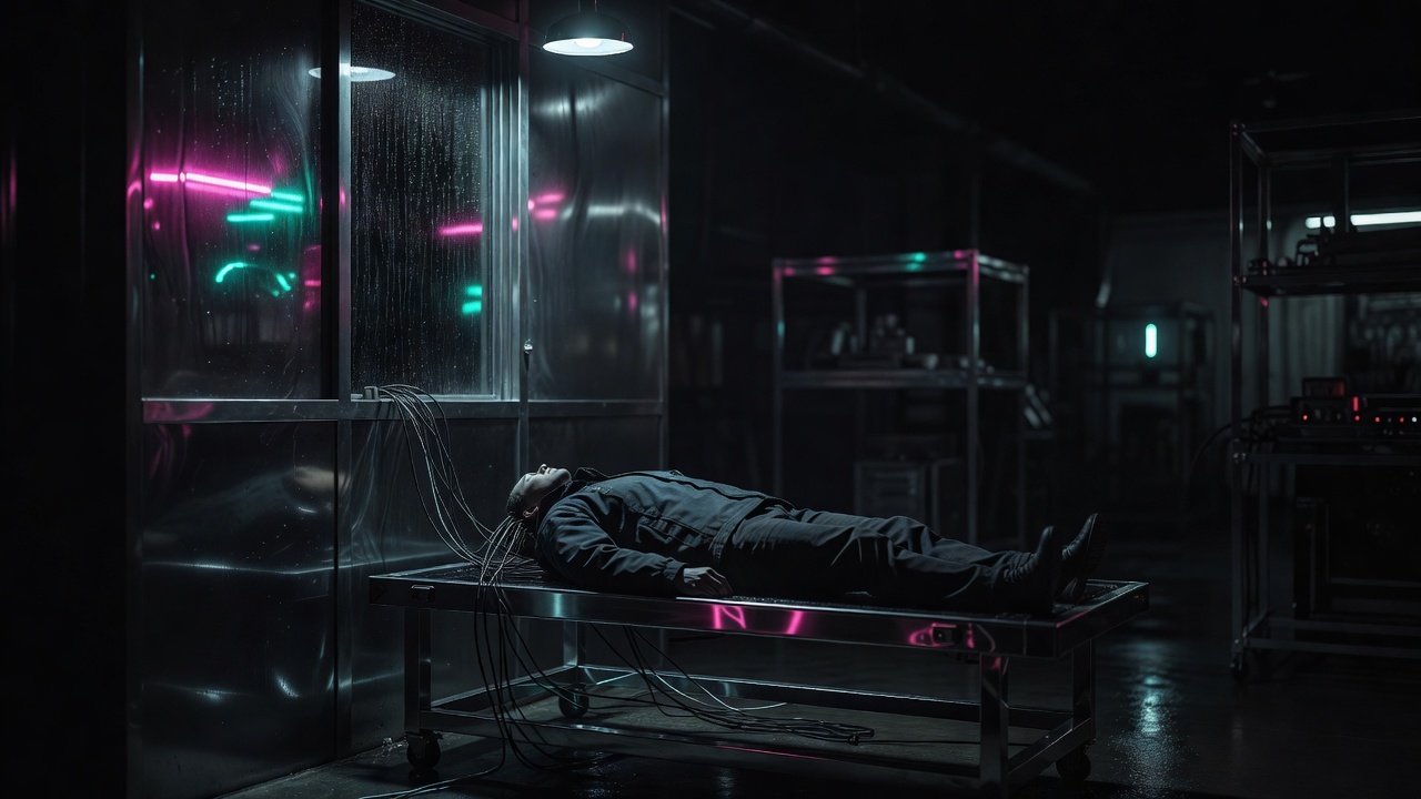 A still body on a chrome cradle in a dark depot, cabling at the nape, rain on the window, neon light on wet steel.