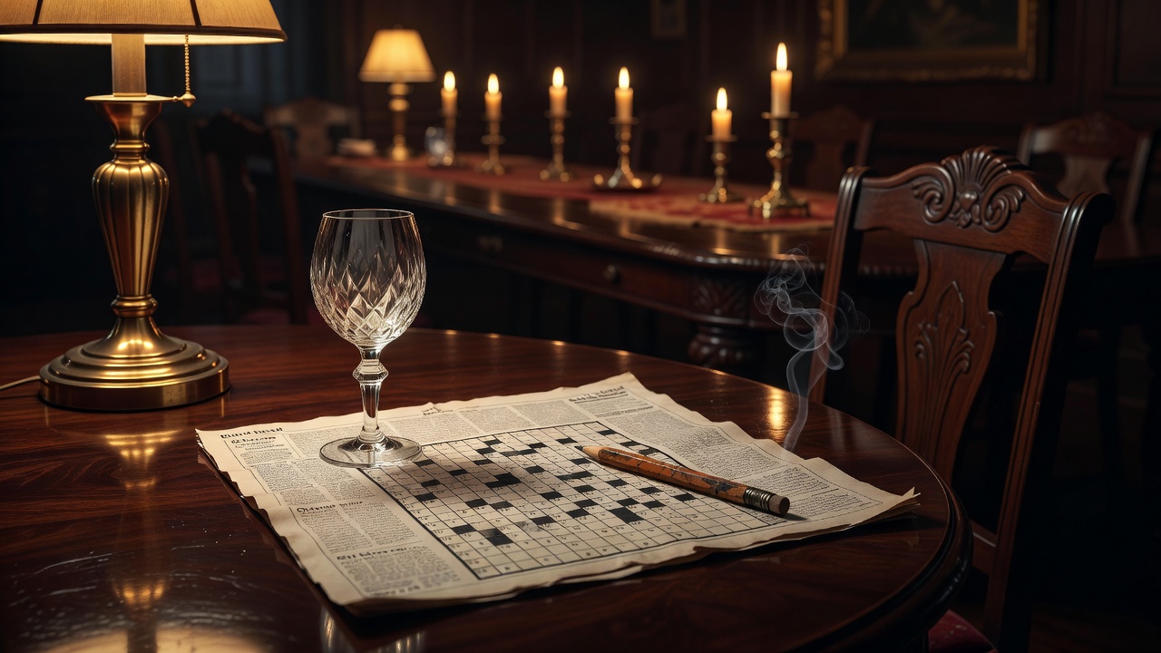 A crystal brandy glass and a pencilled crossword proof on a dark dining table, an empty chair pushed back into candlelit shadow.