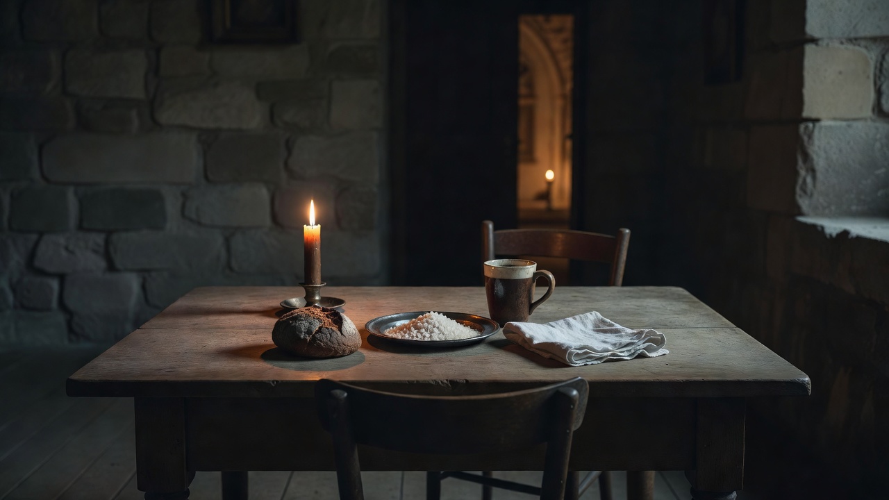 A dusk-lit stone room: a plain table set with bread, salt, and a cup, one candle, an empty chair, a warm grand doorway glowing far behind.