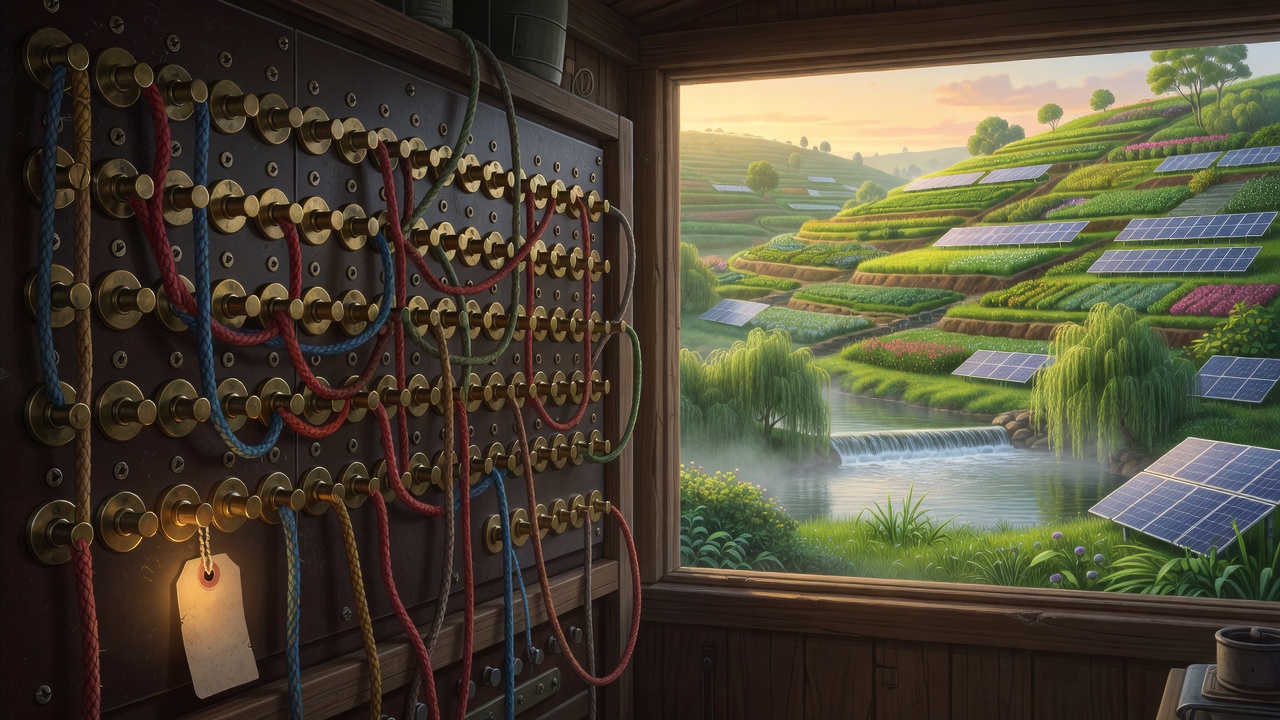 A brass dispatch switchboard at dawn, one amber cord glowing, a green river valley through the window beyond.