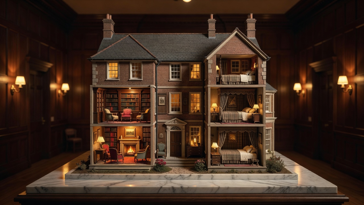 A detailed open dolls-house model of a country house on a marble plinth in a dim panelled gallery, one window lit.