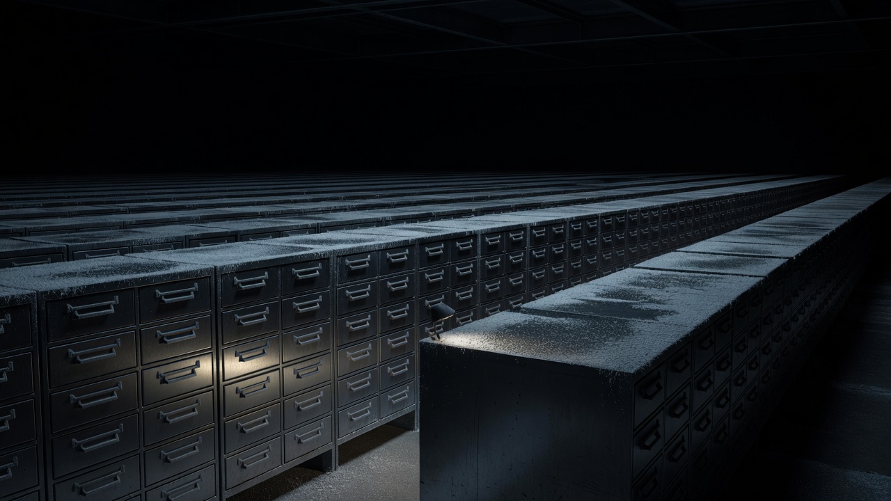 A cold underground vault of frost-rimed seed drawers receding into darkness.