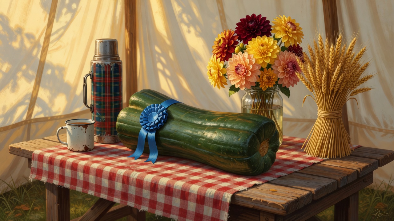 A harvest-fete trestle table with a giant prize marrow, a blue rosette, a tartan Thermos and a mug, painterly.