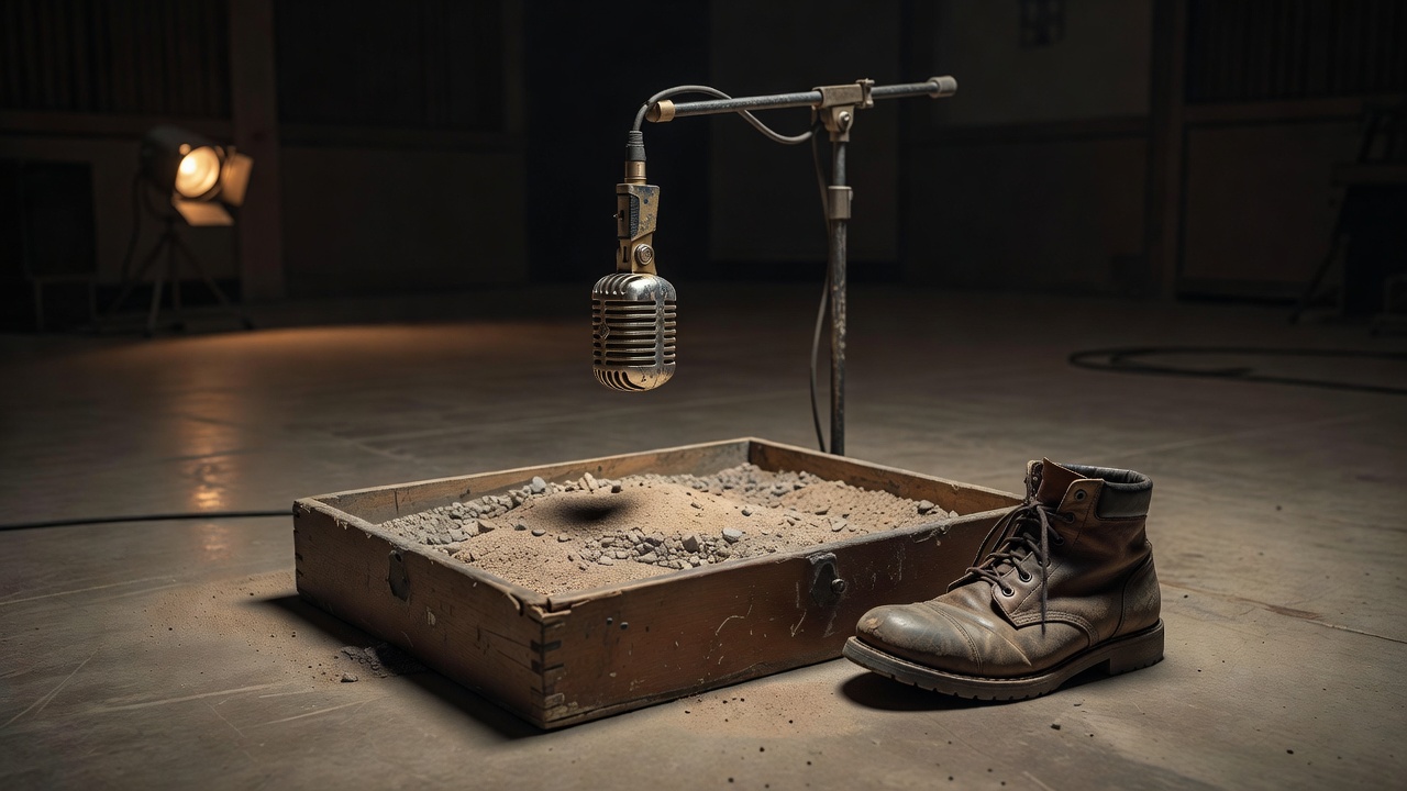 A microphone lowered over a foley pit of gravel beside a single old work boot, in dim studio light.