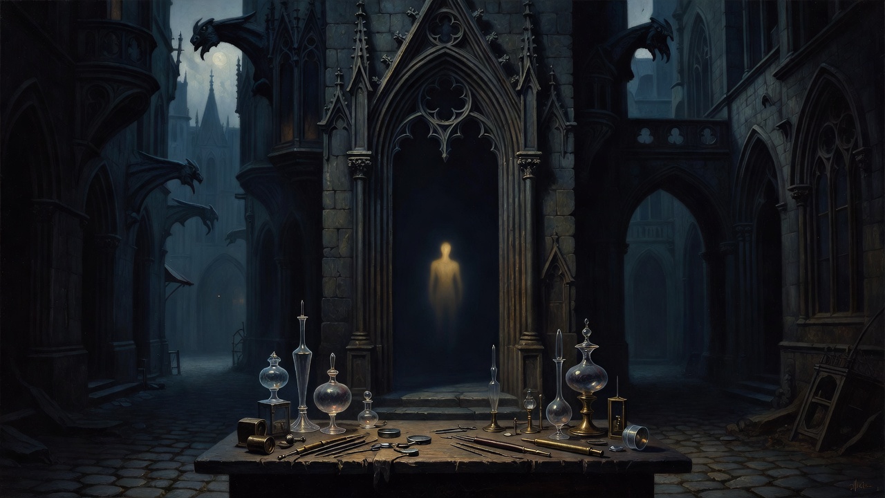 A dark gothic doorway holding a single warm human-shaped glow, a lampmaker's table and glass tools in the foreground.